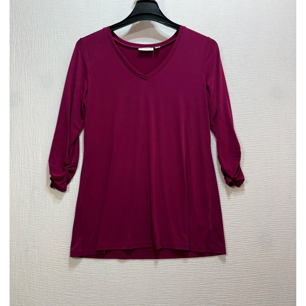 Susan‎ Graver Tunic Top Womens Small Berry Ruched 3/4 Sleeve V-Neck Liquid Knit